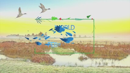 World wetlands day celebration animation with tropical leaves frame and marsh background