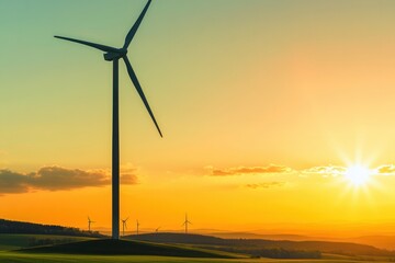 Obraz premium Single wind turbine bathed in light, clean horizon with soft gradient sky and long shadow stretching across pasture, serene minimalist composition conveying optimism and clean power, perfect