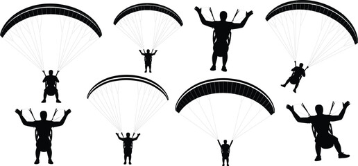 Silhouette Collection Of Paragliders In Various Poses With White Background paragliding skydiving © MdShahin