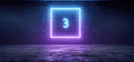 Neon three in a square on a brick wall in a dark, moody, concrete room