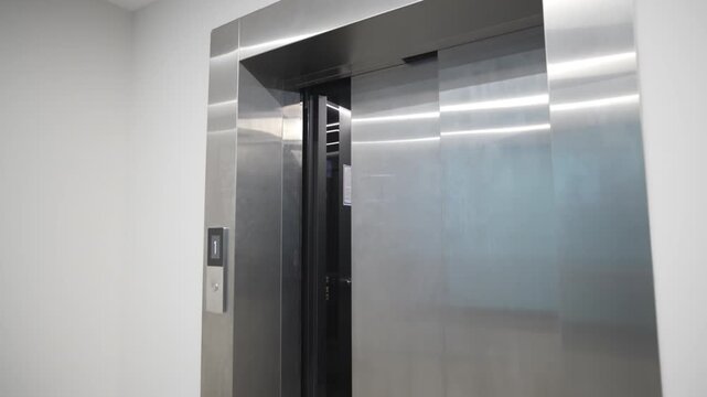 Shiny elevator door slowly closes ensuring complete passenger safety. Polished elevator doors move gently creating calm secure transition