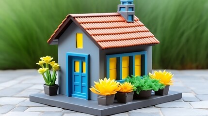 Small 3D house with flowers in a garden on green grass representing a cozy residential property concept