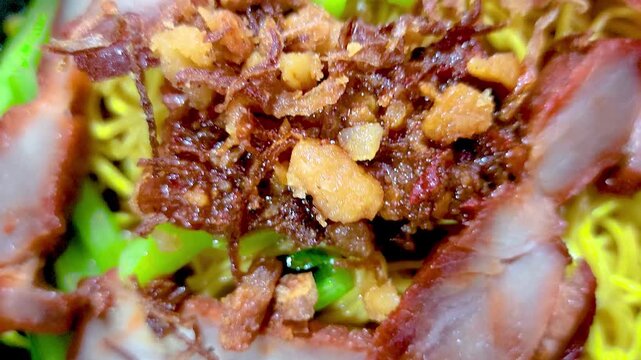 Top view of "Wan Ton" noodle. Traditional chinese food in Singapore and Malaysia.