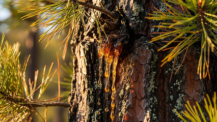 Pine tree resin dripping down textured bark in soft sunlight
