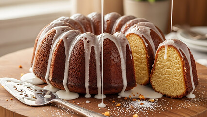 Delicious bundt cake with a sweet glaze being drizzled on top