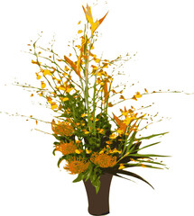 Fototapeta premium bouquet of yellow flowers with colorful leaves and botanical elements