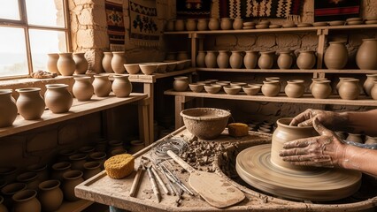 Artisan creating pottery in a rustic workshop setting.