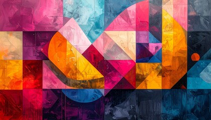 Vibrant geometric shapes form an abstract digital art piece with colorful squares and triangles.