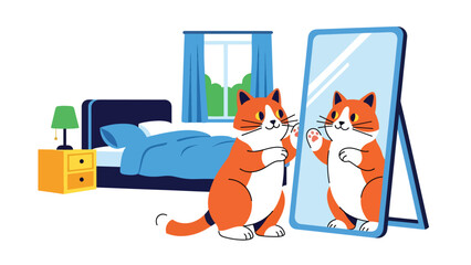 Curious cat playing with its reflection in a mirror, flat vector illustration with solid colors and clean outlines, humorous indoor pet behavior scene for lifestyle visuals