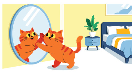 Curious cat playing with its reflection in a mirror, flat vector illustration with solid colors and clean outlines, humorous indoor pet behavior scene for lifestyle visuals