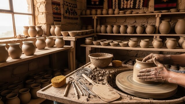 Artisan creating pottery in a rustic workshop setting. - Powered by Adobe