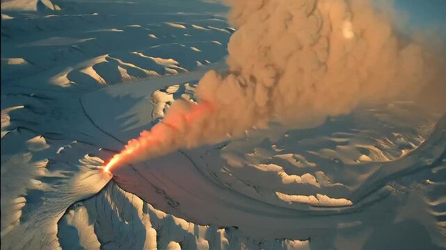 Aerial view of volcanic eruption with lava and smoke.