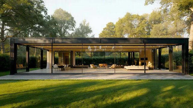 Modern Glass Pavilion House Open Living Area Surrounded Green Lawn Trees Daylight