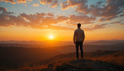 Person standing on hill at sunrise, feeling of new beginning, wide angle
