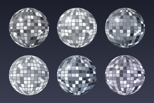 Six shiny disco balls in different chrome shades light, dark, gunmetal, blue steel, lavender, and platinum reflecting light on a dark blue gradient background. Perfect for party, dance, club, and cele