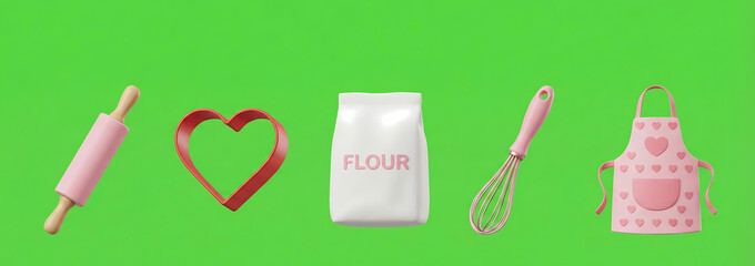 Baking Supplies Collection Rolling Pin, Heart Cookie Cutter, Flour Bag, Whisk, and Apron on a Vibrant Green Background