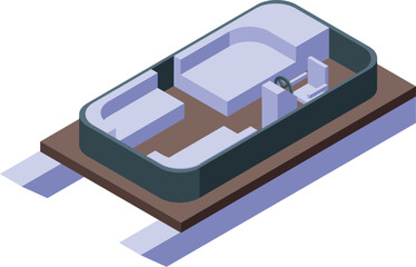 Isometric view of a pedal boat, featuring a steering wheel and seats, ideal for leisurely water activities