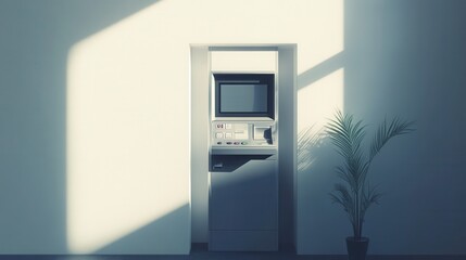 Peaceful morning scene at local bank machine, Calm and bright ATM setup in boutique banking space, Tranquil early morning atmosphere with illuminated machine inside small bank store