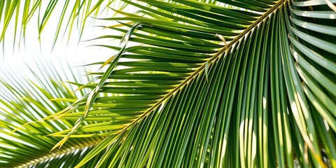 Fronds of a palm tree, lush green, swaying gently in the breeze,  summer,   photography