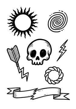 A collection of hand-drawn doodle elements featuring a skull, sun, spiral, arrow, lightning bolt, rope, and banner in a bold black and white outline style