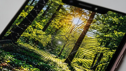 Smartphone screen with forest landscape and cracks
