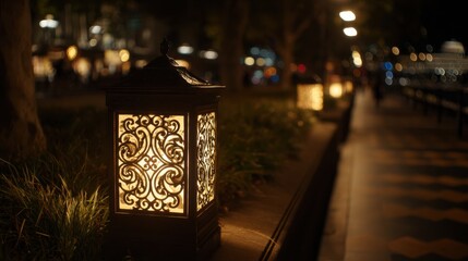 Decorative street lamps illuminating pathways with artistic metalwork and warm lighting enhancing evening ambiance in cityscapes.