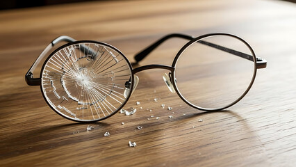 Broken round eyeglasses with shattered lens on a wooden surface