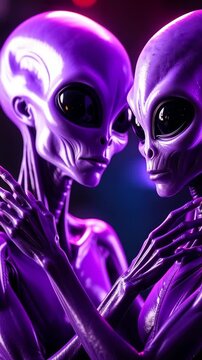 Two purple alien figures, face to face, about to kiss under a soft light. Close up of alien figures, portrait oriented with fine detail.