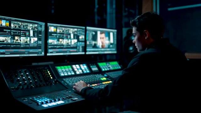 Video Editor Operator Control Desk Multiple Monitors Dark Studio Night Production