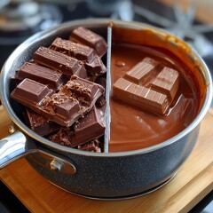 Chunks of solid milk chocolate are melting in hot liquid chocolate inside a small divided saucepan on a wooden board for dessert preparation.