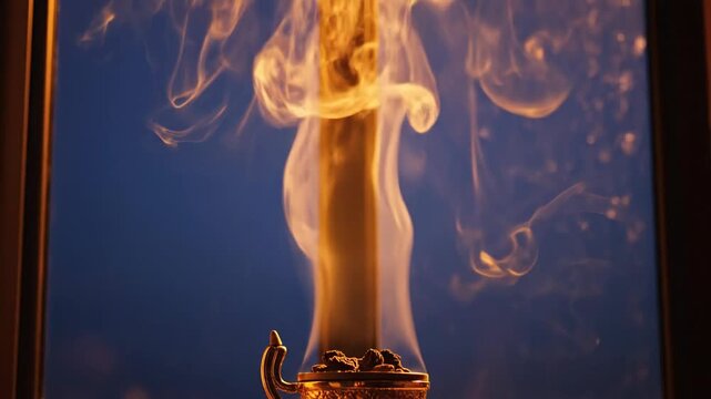 Aesthetic Incense Burning Ritual with Animated Smoke Rising and Golden Holder, Window View