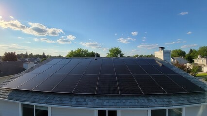 Rooftop solar panels under a clear blue sky.