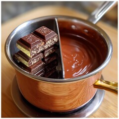 Chocolate squares are stacked next to melted dark chocolate in a small copper and steel double saucepan on a wooden surface.