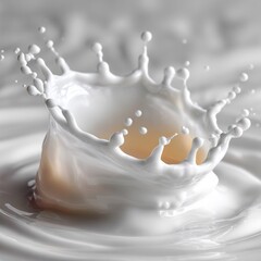 Thick creamy milk crown splash captured dramatically above a pool of white liquid creating concentric rings on the surface.