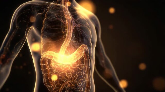 発光する胃を強調した人体図、医療イメージ