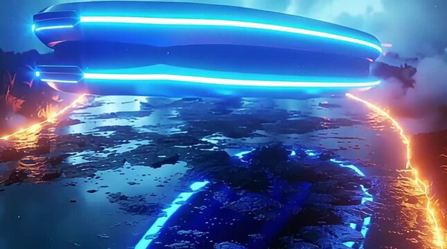 A sleek, glowing blue futuristic hovercraft glides across a reflective surface amidst vibrant neon energy lines in a dark, alien landscape.