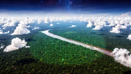 Lush Amazon Rainforest from Orbit with Bioluminescent Tech Overlays 4K