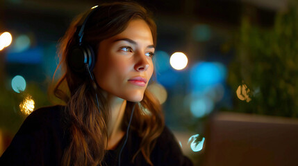 Program development concept young woman, listening music working laptop, coding activity comfortable setting, freelance developer moment, creative workspace display, defocused back