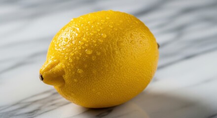 Freshly washed yellow citrus fruit rests upon a cool marble surface