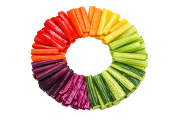 Healthy eating rainbow vegetable sticks forming a colorful circle, presenting fresh diet snack food, transparent background