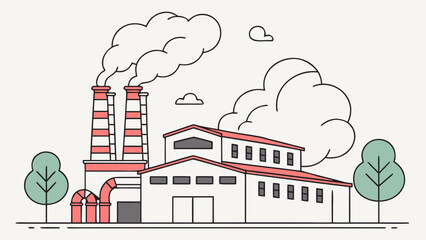 Naklejka premium Line art illustration of an industrial factory building with smoking chimneys and surrounding trees, depicting manufacturing and pollution.