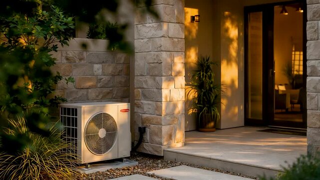 Outdoor Air Conditioner Unit Beside Stone Entrance Warm Lit House Evening Exterior
