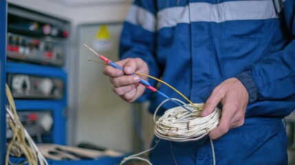 Medium shot showing a technician grounding cables and equipment to minimize electrical noise for clearer signal transmission in a workshop.