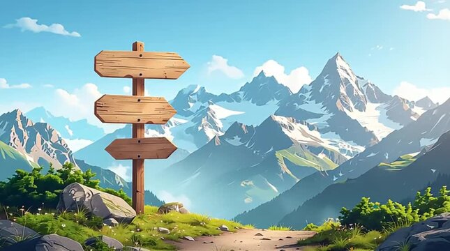 A rustic blank wooden signpost stands on a winding mountain path, offering clear directions amidst majestic snow-capped peaks and a blue sky.