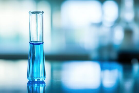 Blue liquid measurement, Spectrophotometer with reflected light, Clear glass container displaying blue solution with lighting, Laboratory glass tube showcasing blue substance under studio illumination