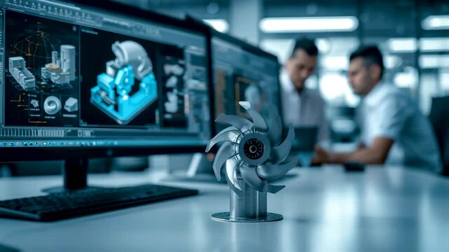 Engineers Analyzing 3D Printed Turbine Model Multiple Monitors Engineering Lab Teamwork