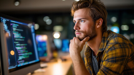 Man developer coding support computer, screen office testing web, application troubleshooting programming employee, mentor advice developing software, solution startup display , wi