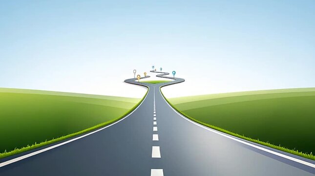 An illustrative conceptual image featuring a winding road splitting into multiple paths, marked with colorful GPS location pins against a clear sky.