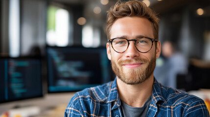 Portrait successful coder in office, programming professional confident display, software development career, tech workspace environment, developer portrait moment, defocused backg