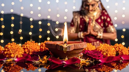 Traditional Diwali Celebration with a Woman Praying Amidst Lit Diyas and Marigold Flowers.
